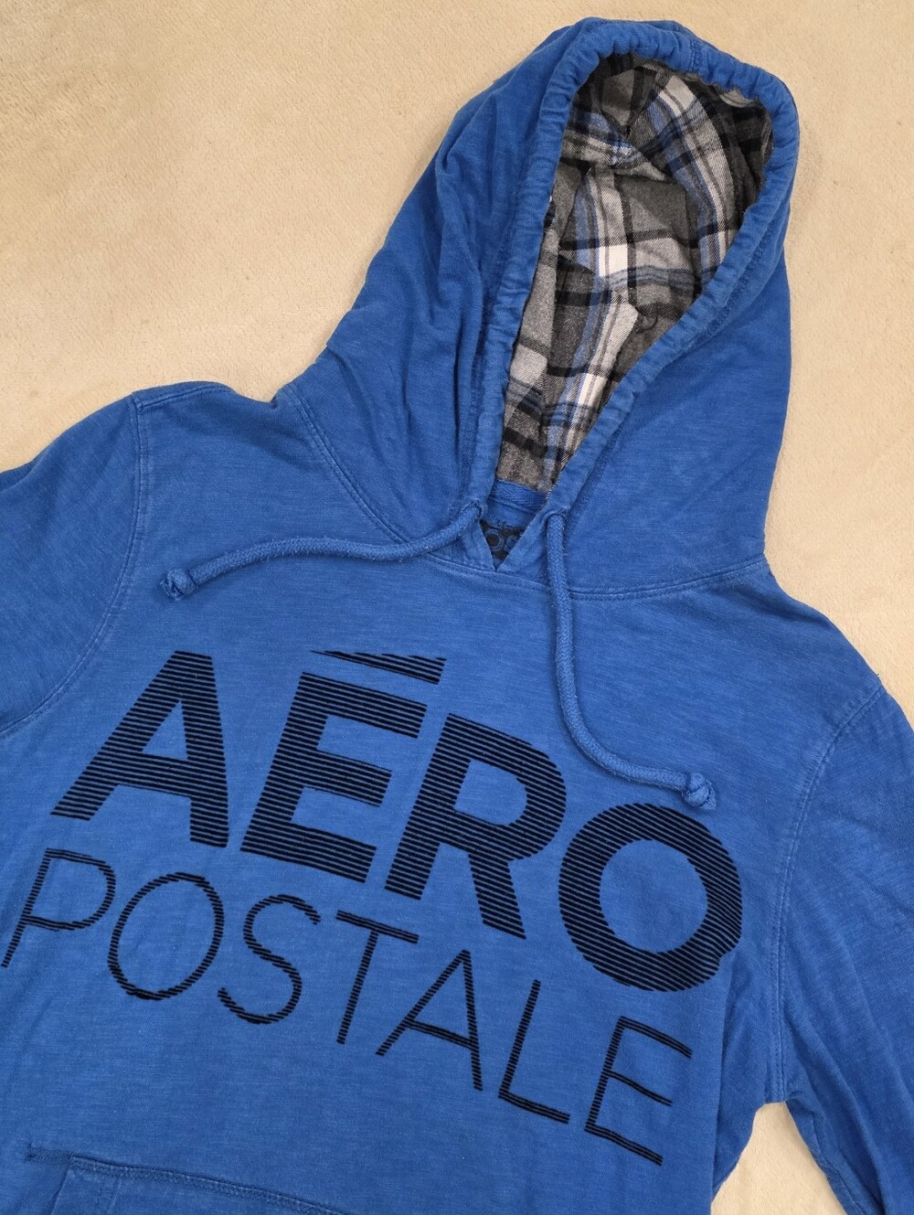 Aeropostale Hoodie Men's Medium Vintage Y2K Graphic Zip Up Blue Plaid Hood